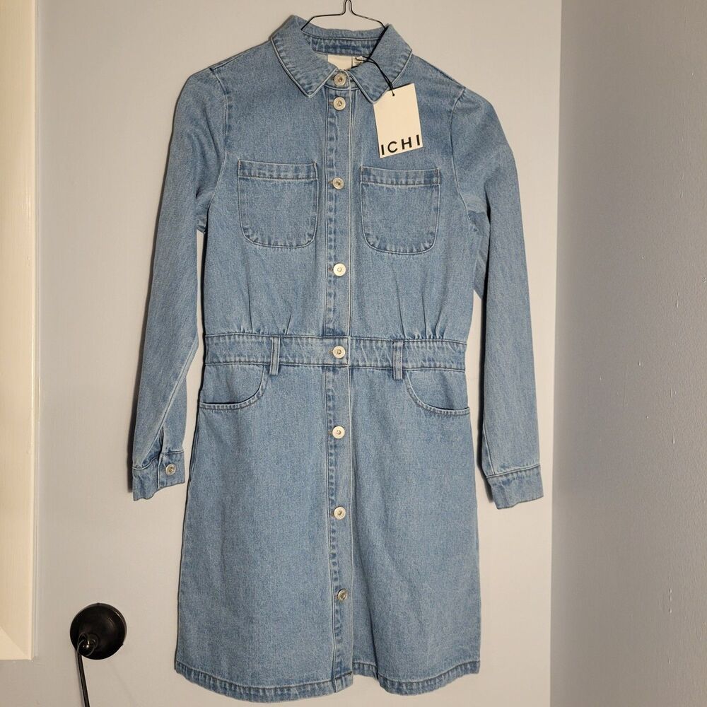 ICHI Denim Button-Up Dress Light Blue Jean Long Sleeves POCKETS Size Small
